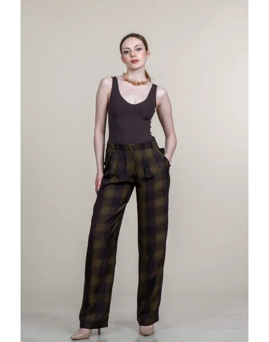 Kadın Haki Ekose Desenli Düşük Bel Bol Paça Palazzo Pantolon