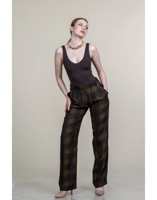 Kadın Haki Ekose Desenli Düşük Bel Bol Paça Palazzo Pantolon