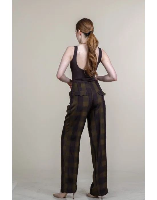 Kadın Haki Ekose Desenli Düşük Bel Bol Paça Palazzo Pantolon