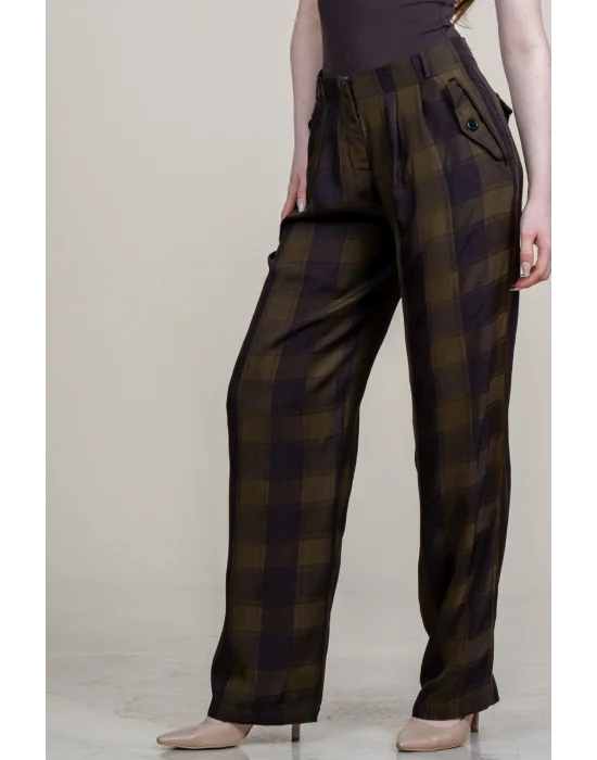 Kadın Haki Ekose Desenli Düşük Bel Bol Paça Palazzo Pantolon