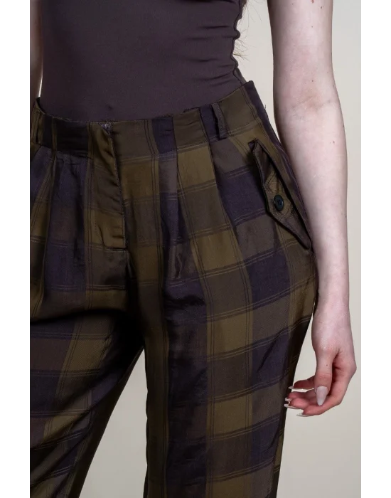 Kadın Haki Ekose Desenli Düşük Bel Bol Paça Palazzo Pantolon