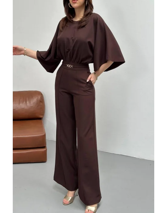 Kadın Bel Büzgülü Kemerı Aksesuarlı Kahverengi Yarasa Kol Tulum