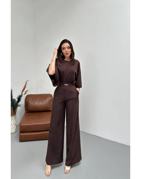 Kadın Bel Büzgülü Kemerı Aksesuarlı Kahverengi Yarasa Kol Tulum