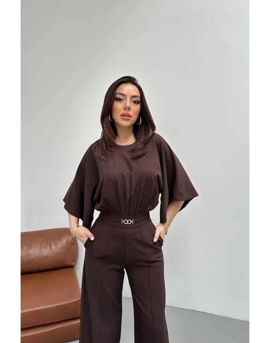 Kadın Bel Büzgülü Kemerı Aksesuarlı Kahverengi Yarasa Kol Tulum