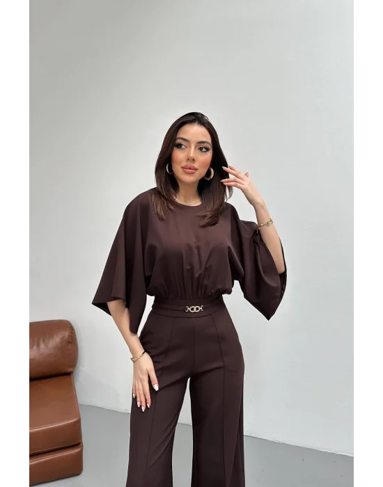 Kadın Bel Büzgülü Kemerı Aksesuarlı Kahverengi Yarasa Kol Tulum