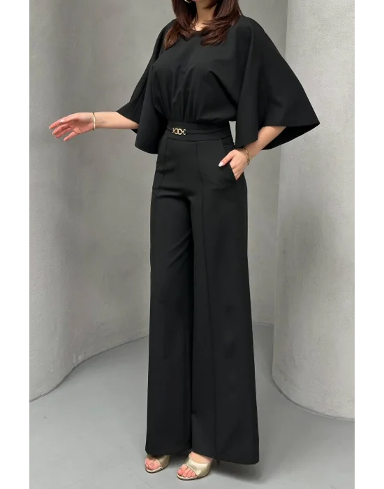 Kadın Bel Büzgülü Kemerı Aksesuarlı Siyah Yarasa Kol Tulum