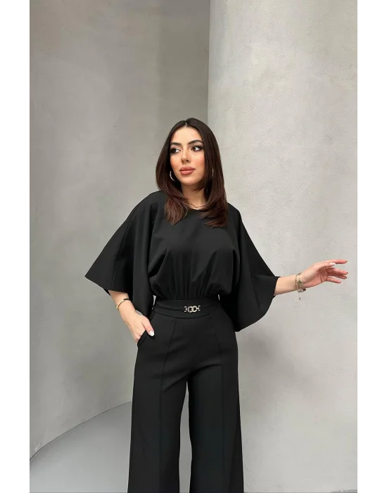 Kadın Bel Büzgülü Kemerı Aksesuarlı Siyah Yarasa Kol Tulum