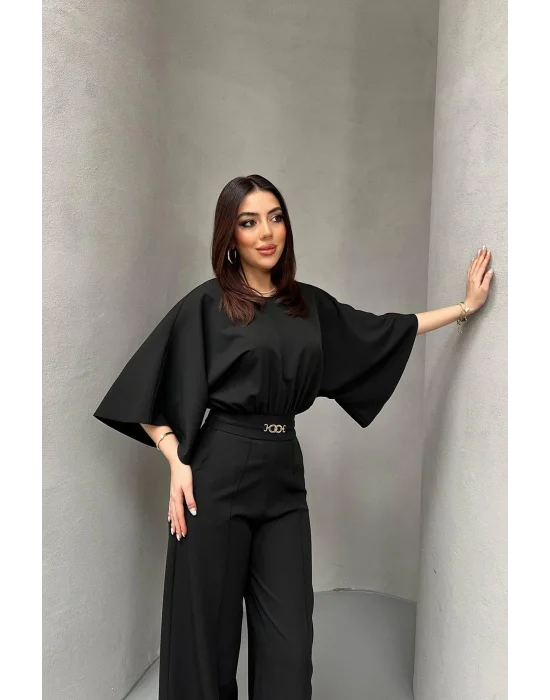 Kadın Bel Büzgülü Kemerı Aksesuarlı Siyah Yarasa Kol Tulum