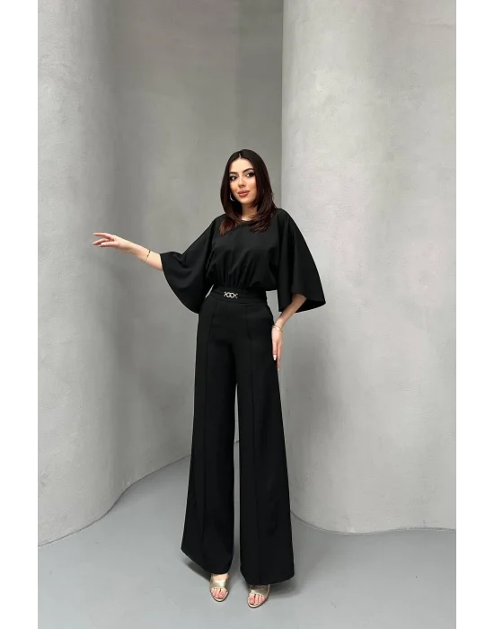 Kadın Bel Büzgülü Kemerı Aksesuarlı Siyah Yarasa Kol Tulum