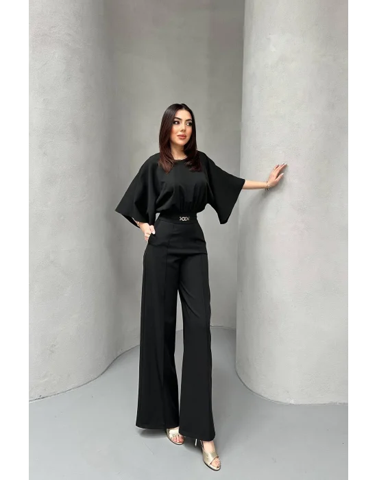 Kadın Bel Büzgülü Kemerı Aksesuarlı Siyah Yarasa Kol Tulum