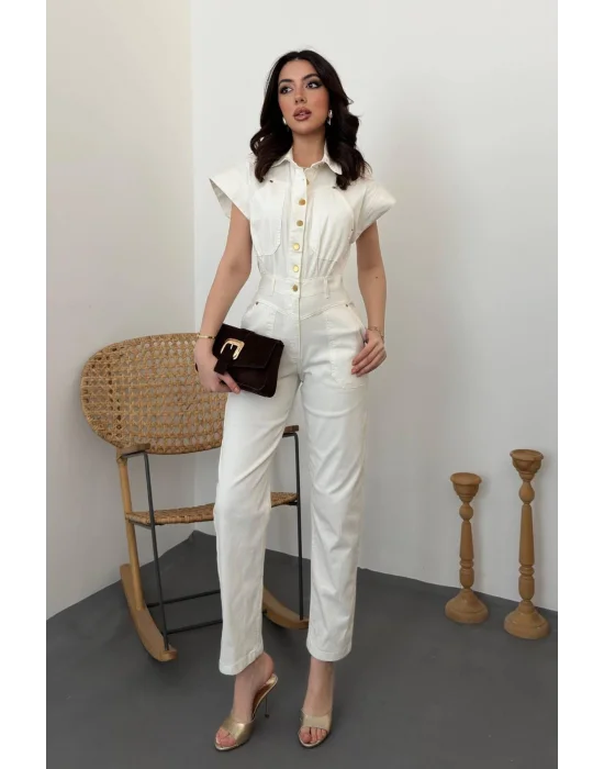 Kadın Slim Fit Yüksek Bel Likralı Boru Paça Safari Stil Tulum