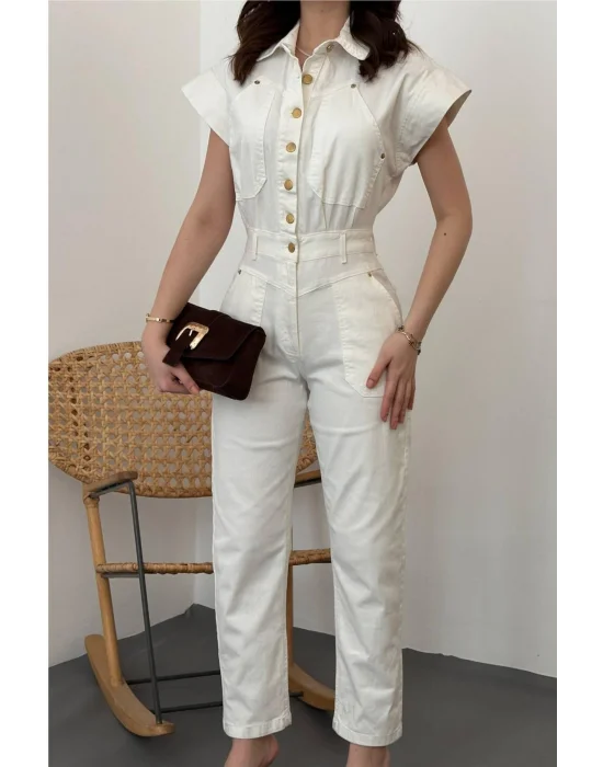 Kadın Slim Fit Yüksek Bel Likralı Boru Paça Safari Stil Tulum