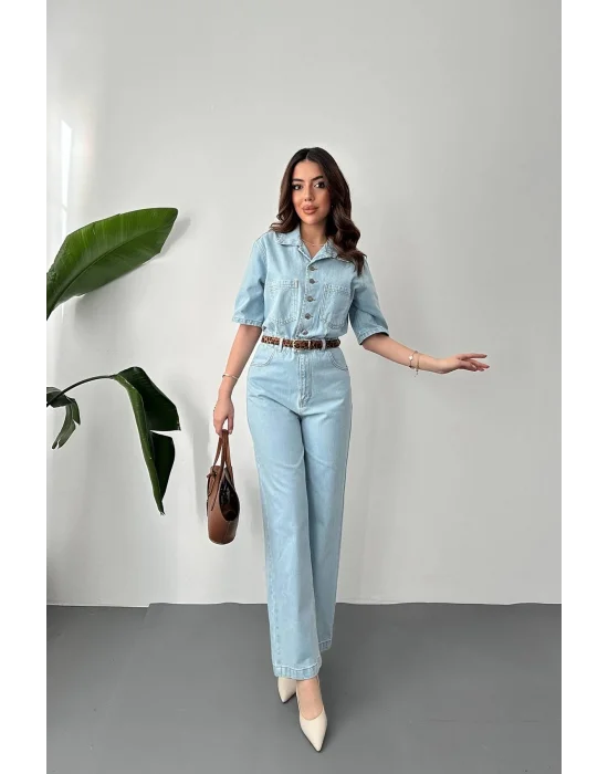 Kadın Açık Mavi Kısa Kollu Denim Tulum