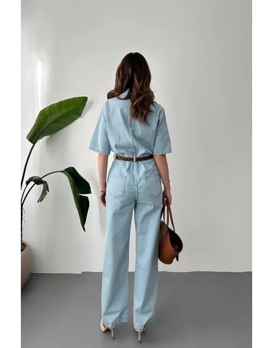 Kadın Açık Mavi Kısa Kollu Denim Tulum