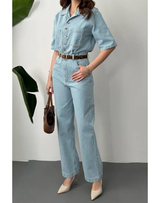 Kadın Açık Mavi Kısa Kollu Denim Tulum