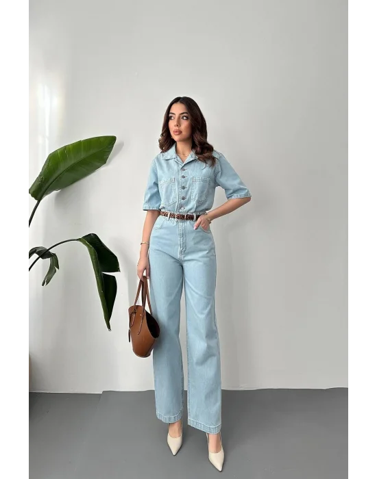 Kadın Açık Mavi Kısa Kollu Denim Tulum