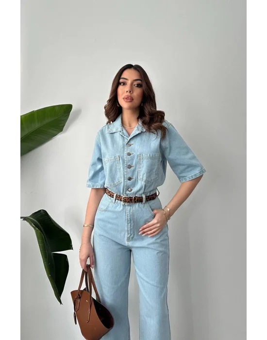 Kadın Açık Mavi Kısa Kollu Denim Tulum