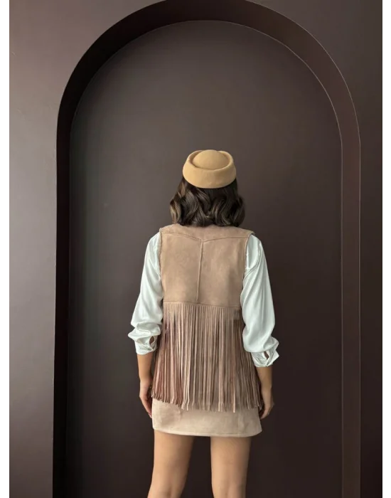 Kadın Püsküllü Vizon Süet Yelek