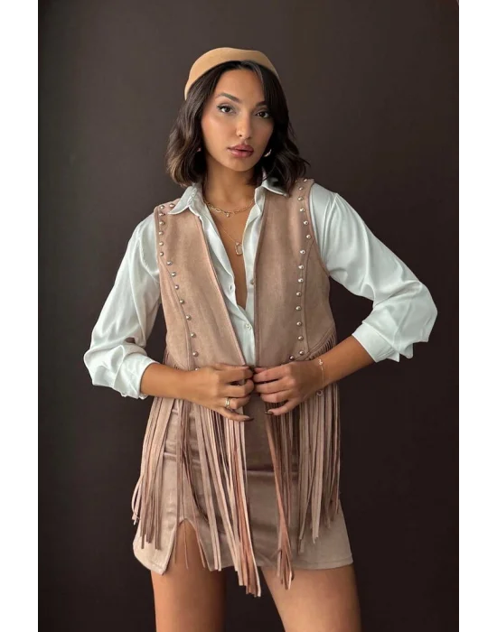 Kadın Püsküllü Vizon Süet Yelek