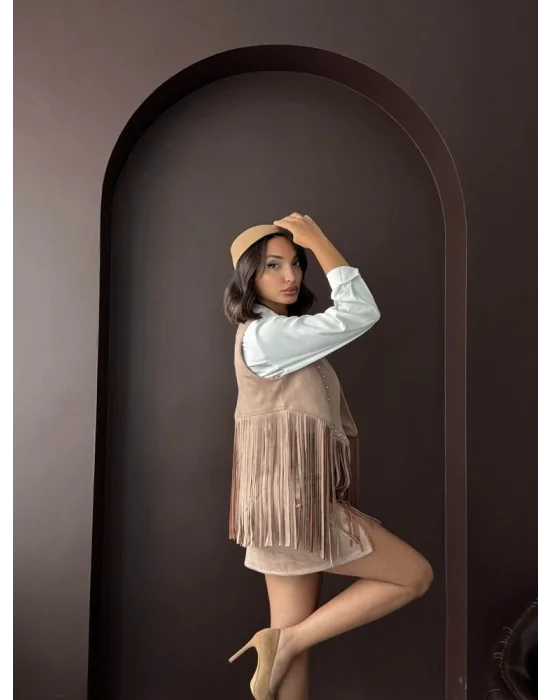 Kadın Püsküllü Vizon Süet Yelek