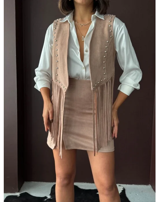 Kadın Püsküllü Vizon Süet Yelek