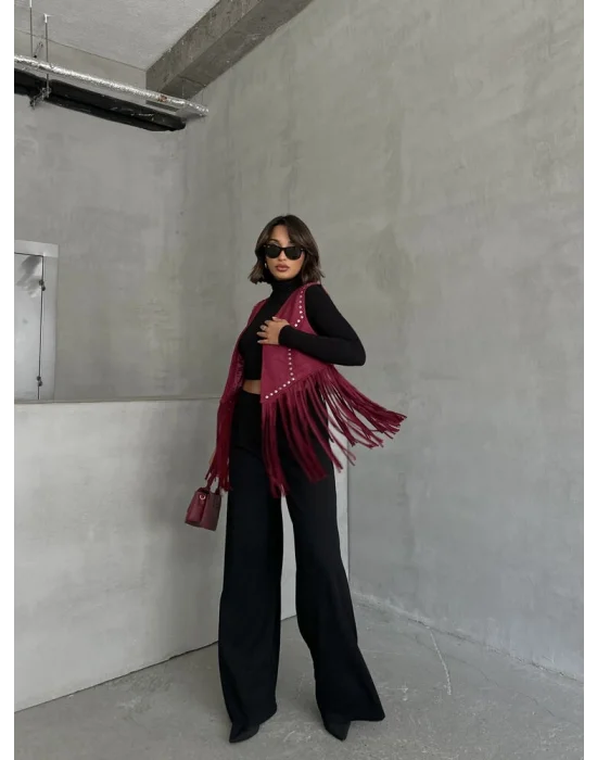 Kadın Püsküllü Bordo Süet Yelek