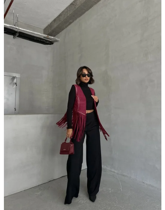 Kadın Püsküllü Bordo Süet Yelek