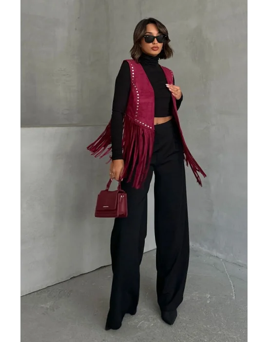 Kadın Püsküllü Bordo Süet Yelek