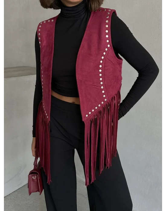 Kadın Püsküllü Bordo Süet Yelek