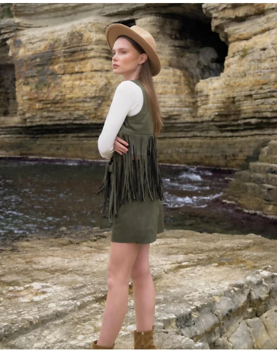 Kadın Püsküllü Haki Süet Yelek