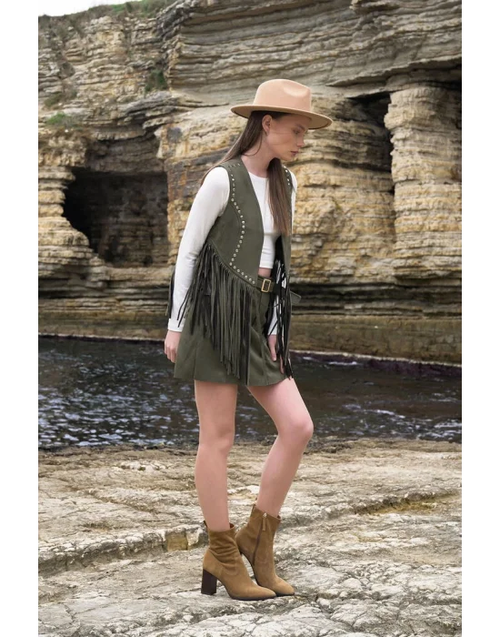 Kadın Püsküllü Haki Süet Yelek