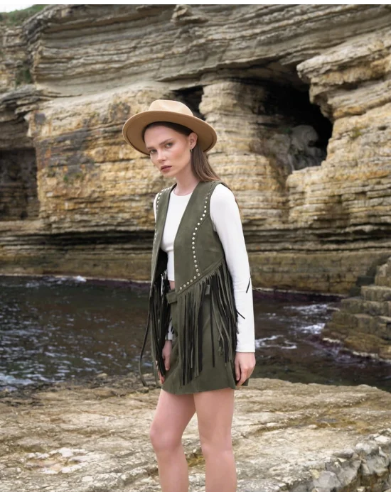 Kadın Püsküllü Haki Süet Yelek