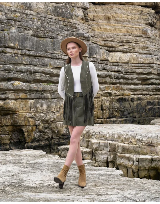 Kadın Püsküllü Haki Süet Yelek