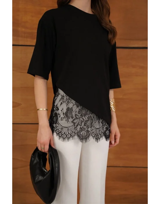 Kadın Dantel Detaylı Siyah Asimetrik Tişört