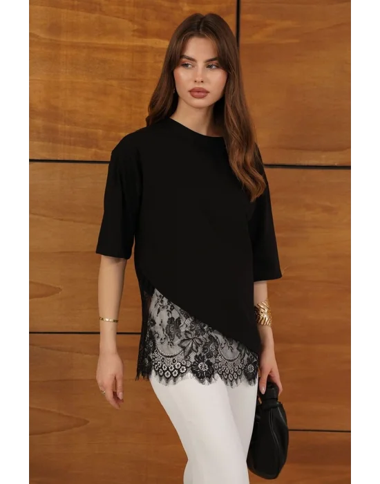 Kadın Dantel Detaylı Siyah Asimetrik Tişört