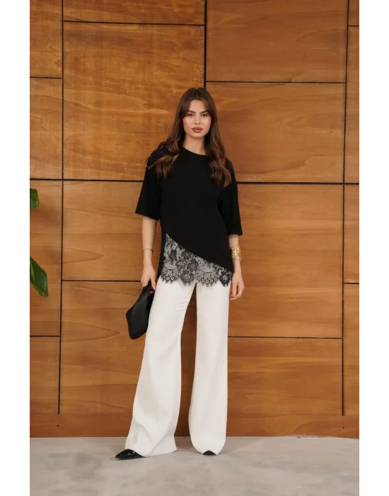 Kadın Dantel Detaylı Siyah Asimetrik Tişört