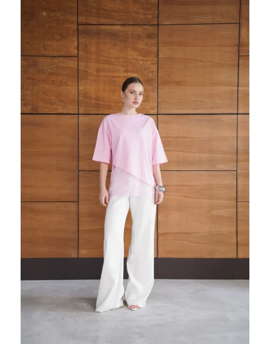 Kadın Dantel Detaylı Pudra Pembe Asimetrik Tişört