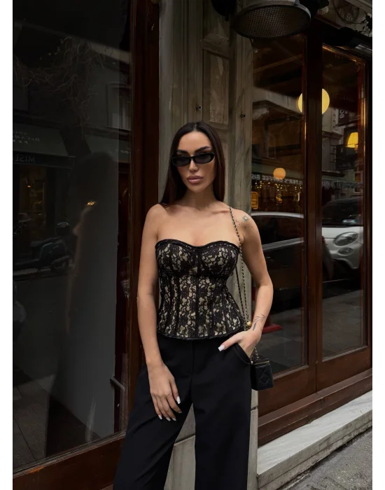 Kadın Siyah Dantel Detaylı Korseli Straplez Büstiyer