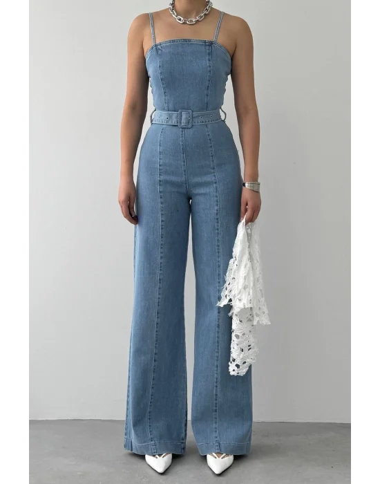 Kadın Mavi Yüksek Bel Geniş Paça Açık Mavi Jean Tulum