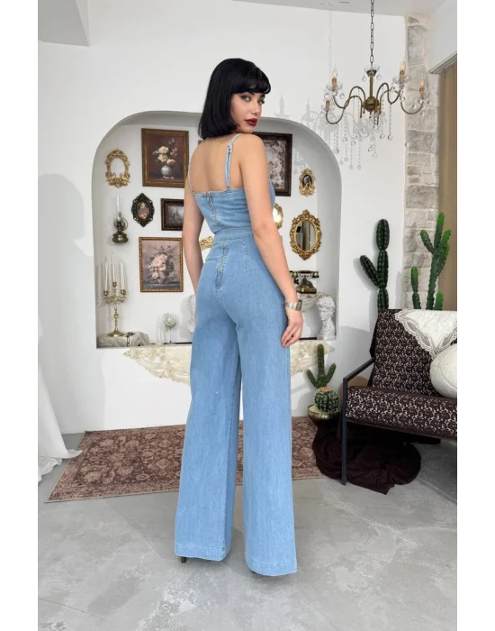 Kadın Mavi Yüksek Bel Geniş Paça Açık Mavi Jean Tulum