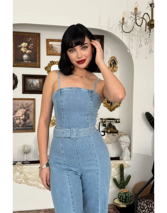 Kadın Mavi Yüksek Bel Geniş Paça Açık Mavi Jean Tulum