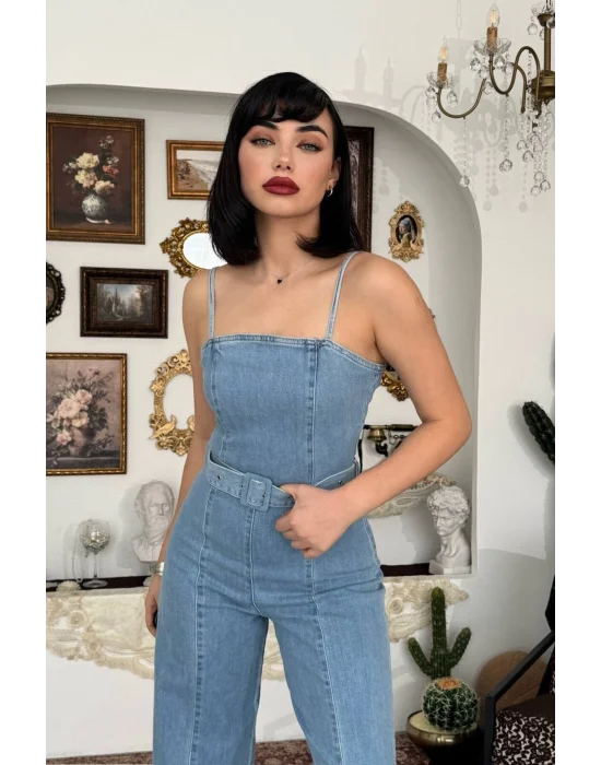 Kadın Mavi Yüksek Bel Geniş Paça Açık Mavi Jean Tulum