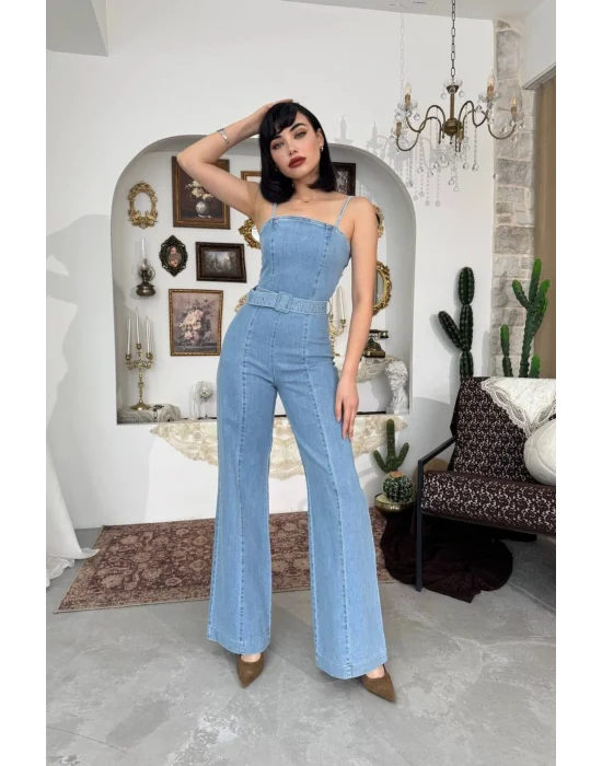 Kadın Mavi Yüksek Bel Geniş Paça Açık Mavi Jean Tulum