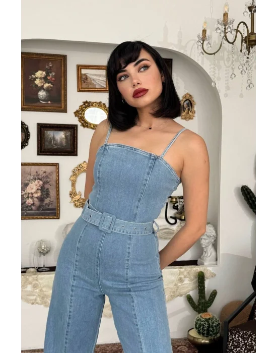 Kadın Mavi Yüksek Bel Geniş Paça Açık Mavi Jean Tulum