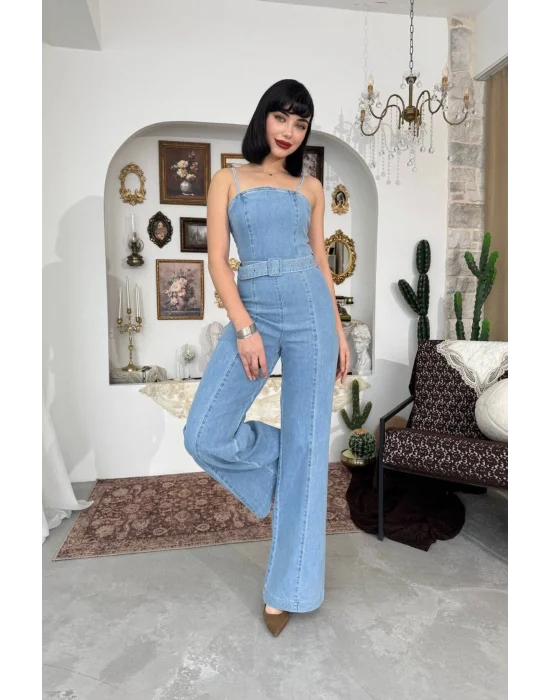 Kadın Mavi Yüksek Bel Geniş Paça Açık Mavi Jean Tulum