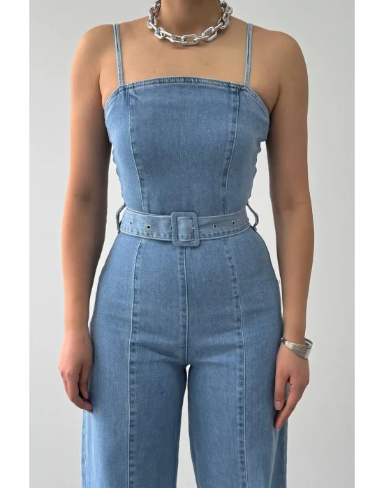 Kadın Mavi Yüksek Bel Geniş Paça Açık Mavi Jean Tulum