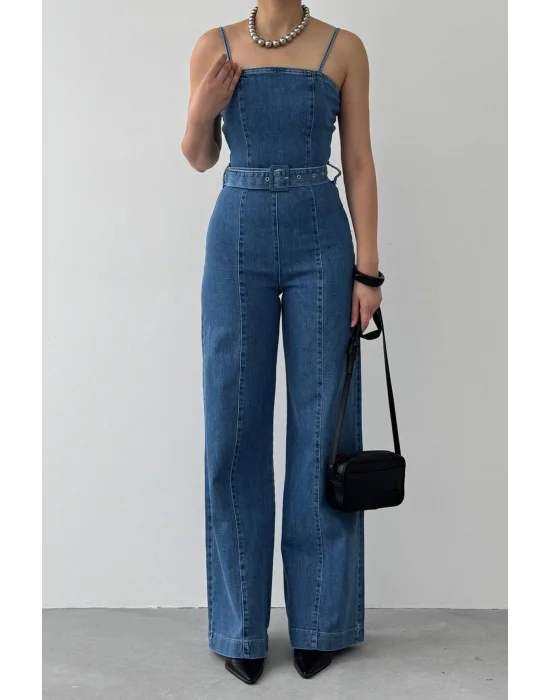 Kadın Mavi Yüksek Bel Geniş Paça Koyu Mavi Jean Tulum