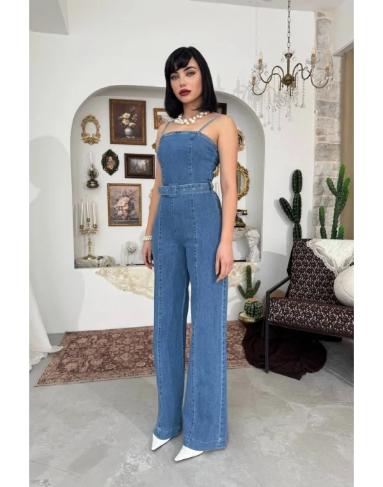 Kadın Mavi Yüksek Bel Geniş Paça Koyu Mavi Jean Tulum