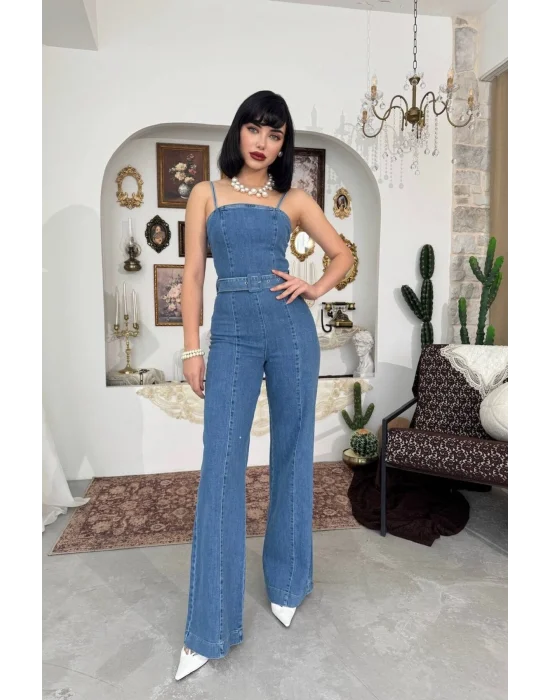 Kadın Mavi Yüksek Bel Geniş Paça Koyu Mavi Jean Tulum