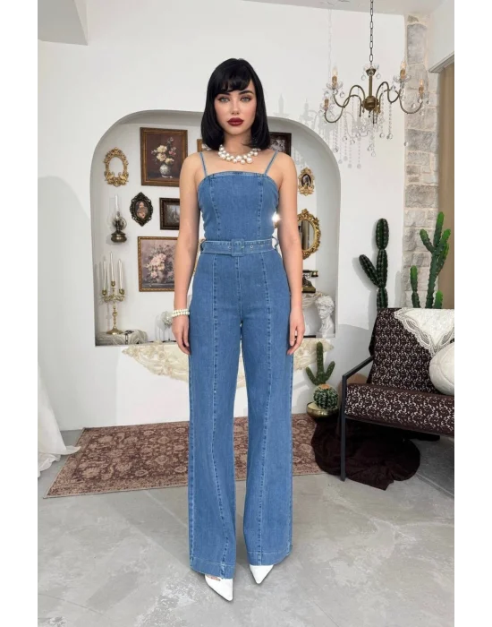 Kadın Mavi Yüksek Bel Geniş Paça Koyu Mavi Jean Tulum